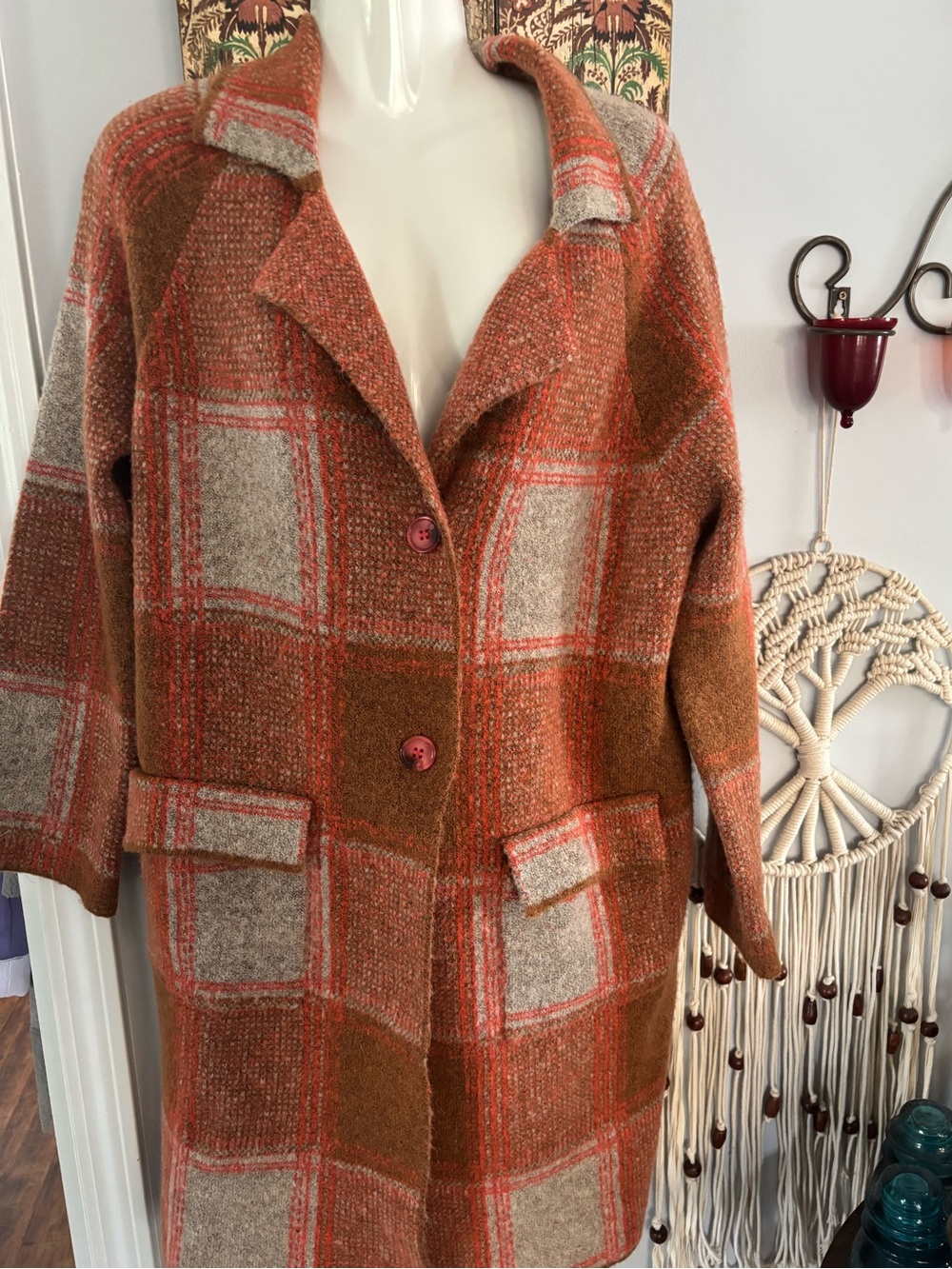 LOVE TOKEN OS long, oversized sweater/jacket.  Notch collar printed sweater